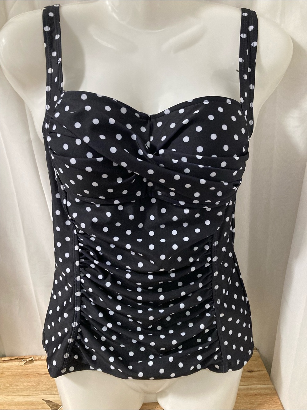 ACX Active Black Polka Dot Ruched Tankini Top Size Small Petite Retro Pin-Up